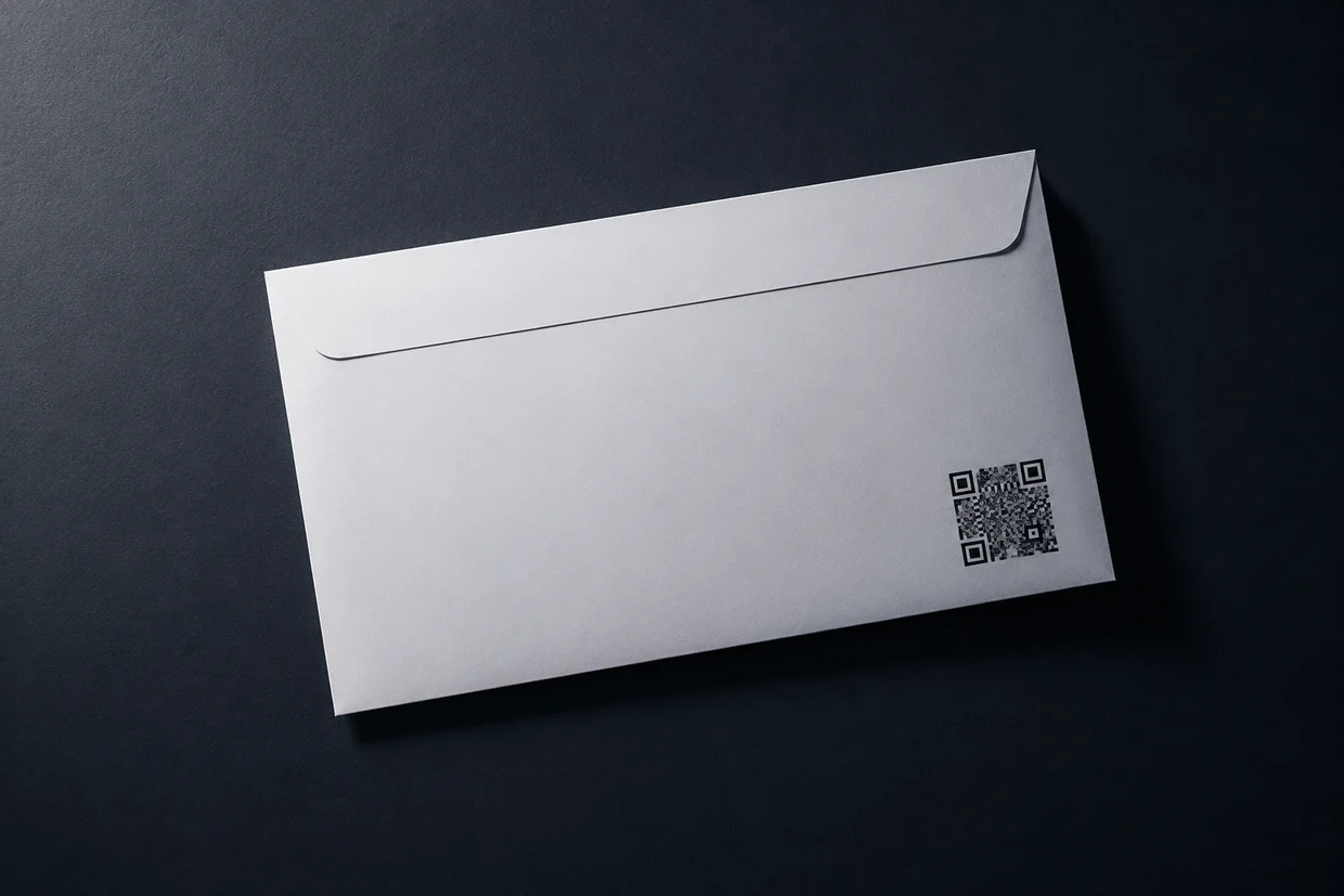 Une enveloppe blanche posée à plat, portant un QR code imprimé dans le coin.